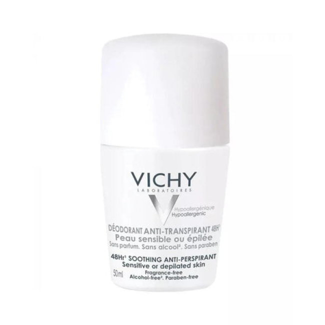 Gentle roll-on antiperspirant for sensitive skin that provides 48-hour sweat protection while soothing and respecting delicate underarm skin.